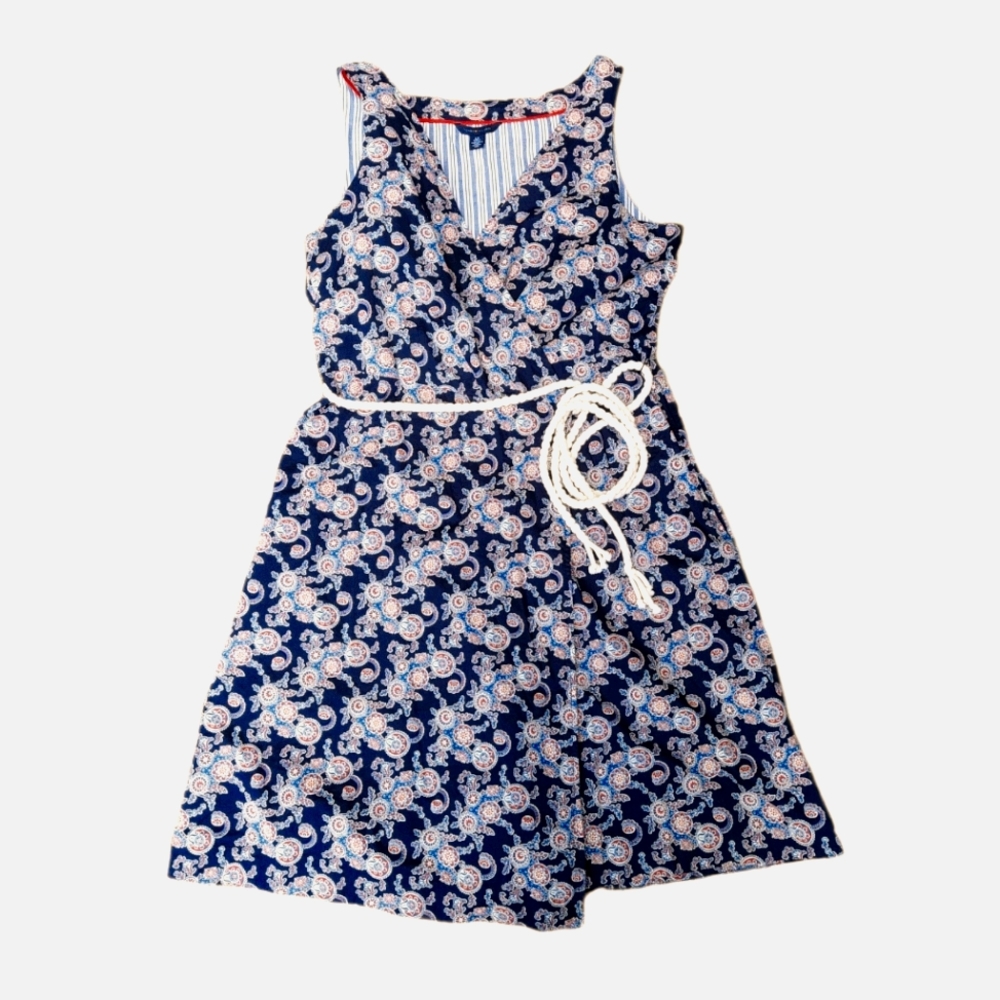 Tommy Hilfiger Cotton Wrap Dress Navy Print EUC